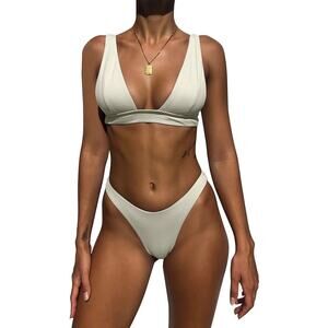 Hatant Bikini Set, Push Up Triangle Top, High Waisted Shorts, Beige, L (8-10)